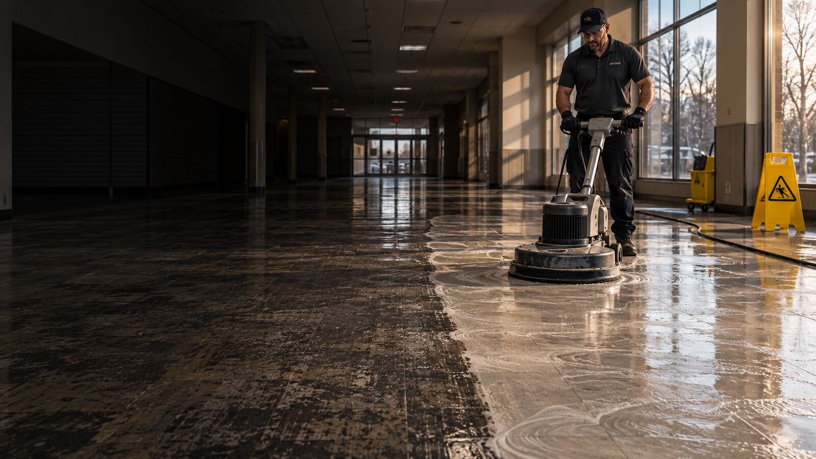 Commercial floor technician using a floor machine during the stripping process