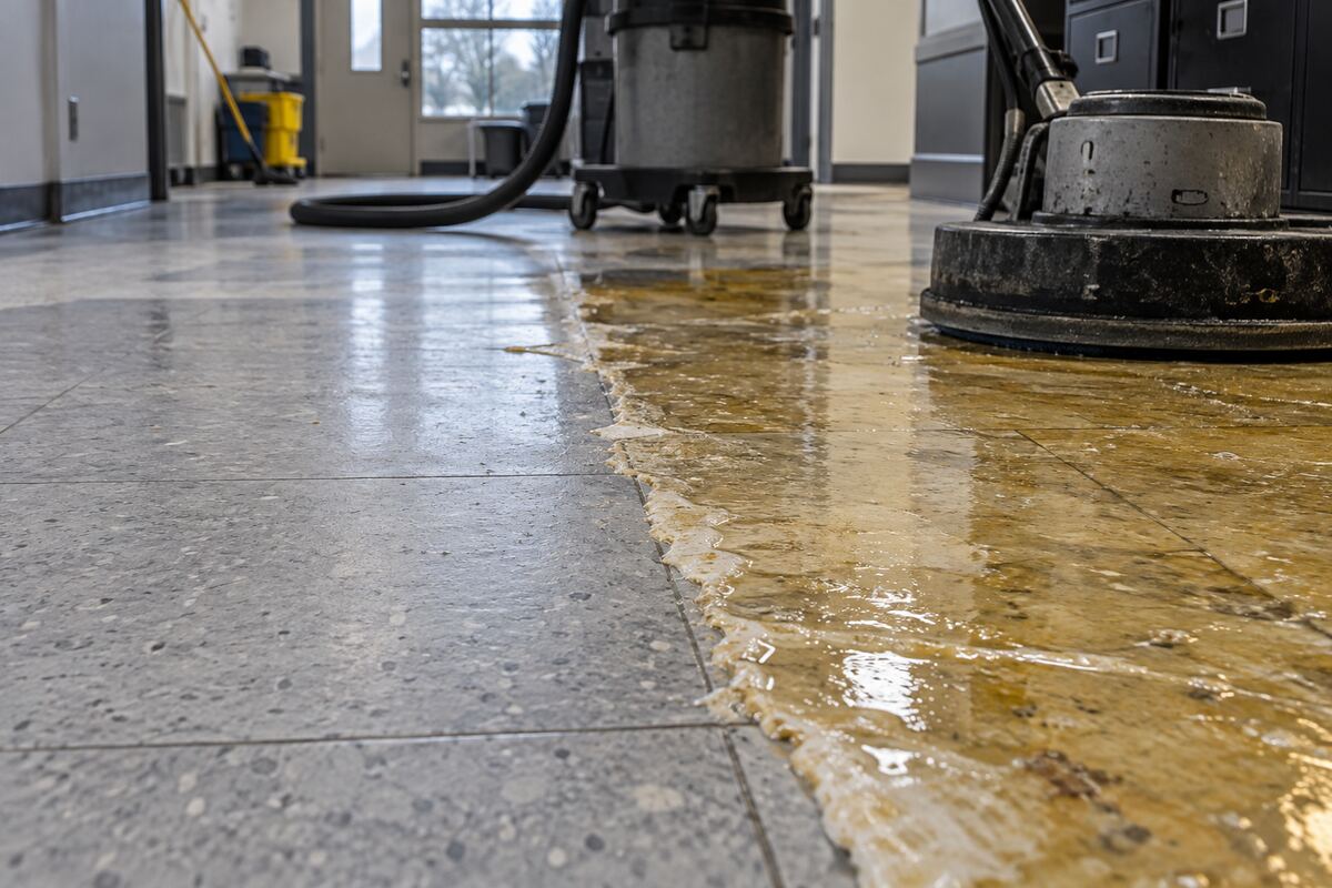 Close view of worn finish being stripped from commercial tile flooring